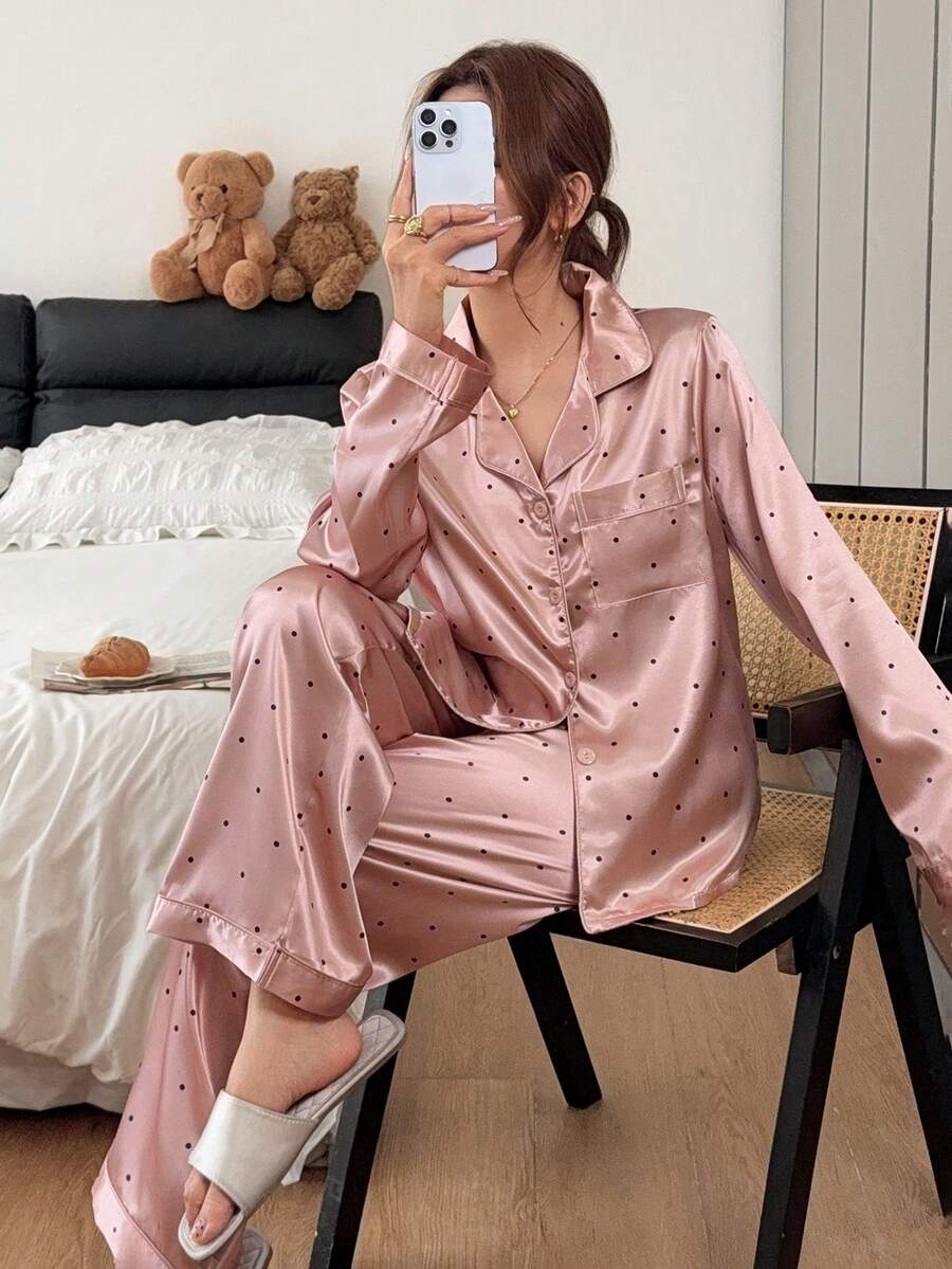 Napfluff Women's Minimalist Elegant Black Polka Dot Print Long Sleeve Pants Pajama Set - Multicolor - View 1