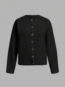 SHEIN BASICS 休閒極簡風開襟針織衫，適合秋冬外出穿著，秋冬服飾 - 黑色 - 查看 2