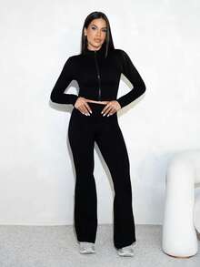 Maju Mazalli Women's Seamless Yoga Sports Zip-Up Crop Top And High Waist Sports Leggings Set Black 2 Piece Set Flared Leggings Set - Black - View 5