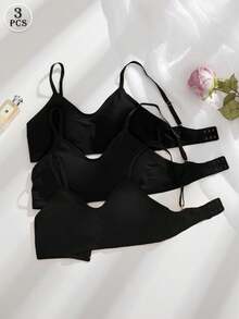 SHEIN 女款素色休閒日常細肩帶內衣 3 件組 - 黑色 - 查看 2