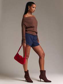 SHEIN BAE Autumn/Winter Casual Commute Striped Low Waist Shorts For Office And Daily Wear - Navy Blue - View 4