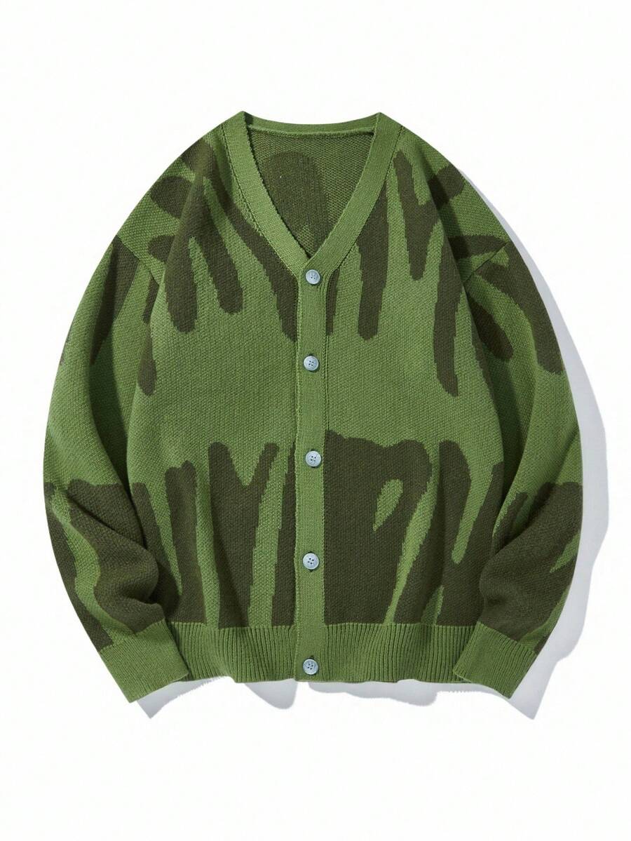 Manfinity CasualKnits 男士對比色長袖單排扣休閒針織開襟衫 - 軍綠色 - 查看 1