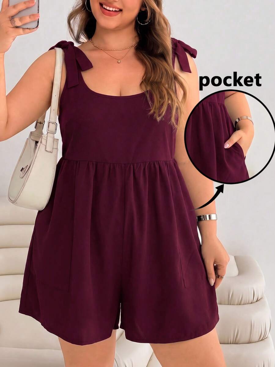 Solflare Plus Size Women's Solid Color Ruched Casual Daily Wear Romper - Burgundy - View 1