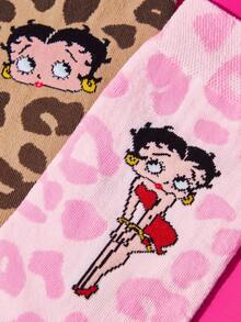 Betty Boop x SHEIN Miss Betty 女款中筒襪 2雙裝 - 混色 - 查看 3
