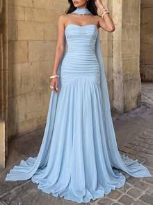 Firerie Elegant Glossy Tulle High Waist Ruched Mermaid Hem Backless Adjustable Tie Dress,Formal Party Dress For Wedding Guest Fall - Baby Blue - View 6