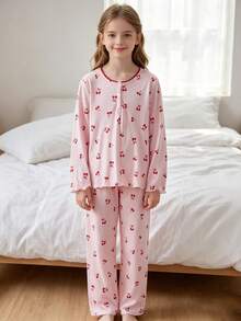 Tween Girl Cherry Print Top And Pants Loungewear - Pink - View 6
