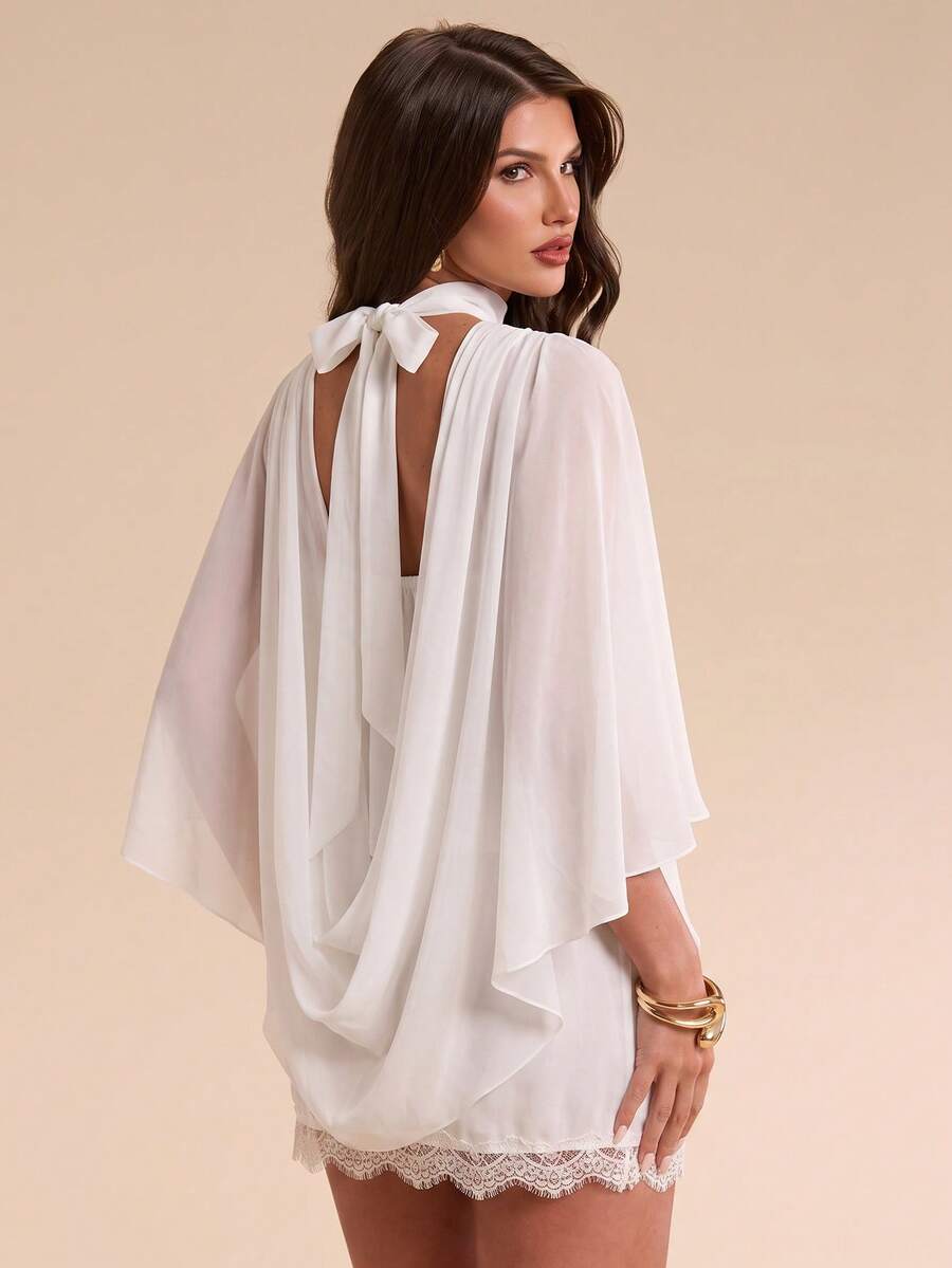Bluhae Setelan Atasan Jubah Chiffon Wanita & Rok Mini Berenda, 2 Potongan Pakaian Leher Tinggi dengan Punggung Terbuka - Putih - View 1