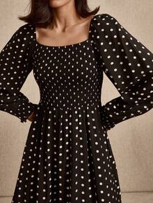 lacRébo Black Polka Dot Shirred Midi Dress, Square Neckline And Puff Long Sleeves With Shirred Cuff, Spring - Black - View 6