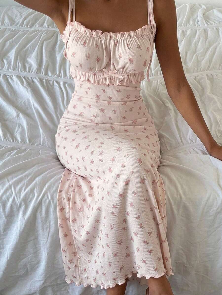 Livesso 甜美碎花無袖細肩帶洋裝 夏季女款睡裙 - 白色 - 查看 1