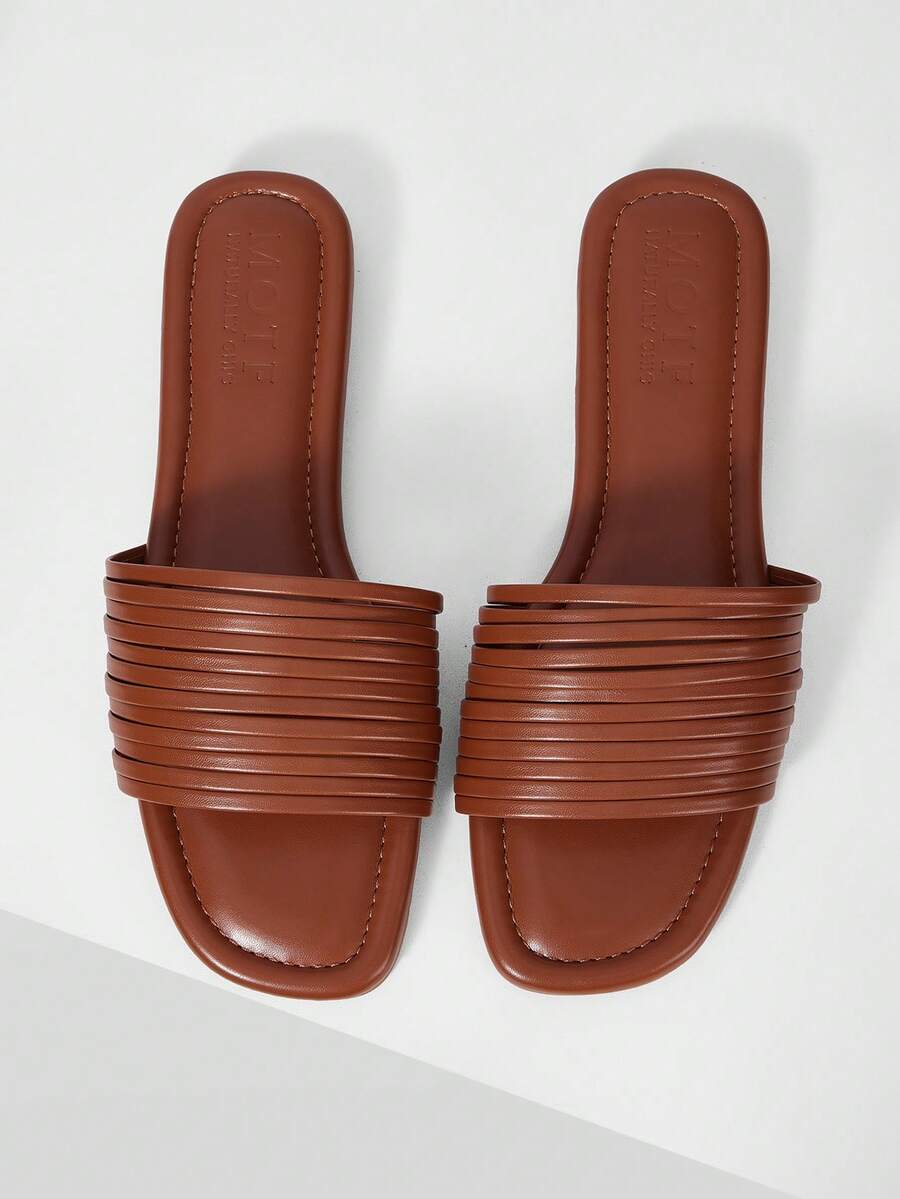 MOTF WOMEN'S MINIMALIST STYLE METAL THIN STRAP OPEN-TOED SANDALS, SQUARE TOE MULTI-STRAP PARTY FLAT SLIPPERS AND VACATION BEACH SHOES - Brown - View 2