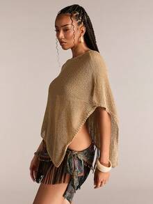ACID BLVD 女士宽松镂空针织毛衣，适合海滩度假 - 卡其色 - 查看 6