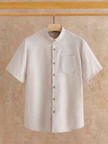 HIMLAND 男士亞麻套裝 2 件式夏季休閒服，短袖立領襯衫搭配抽繩休閒長褲，沙灘度假居家透氣套裝 - 卡其色 - 查看 9
