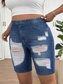 SHEIN Frenchy Mother's Day Plus Size Blue Denim Effect Ripped Pattern Casual Leggings, Suitable For Summer - Blue - View 6