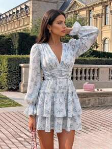 KARISMINA Women's Vacation Woven Printed V-Neck Long Sleeve Mini Dress - White - View 10