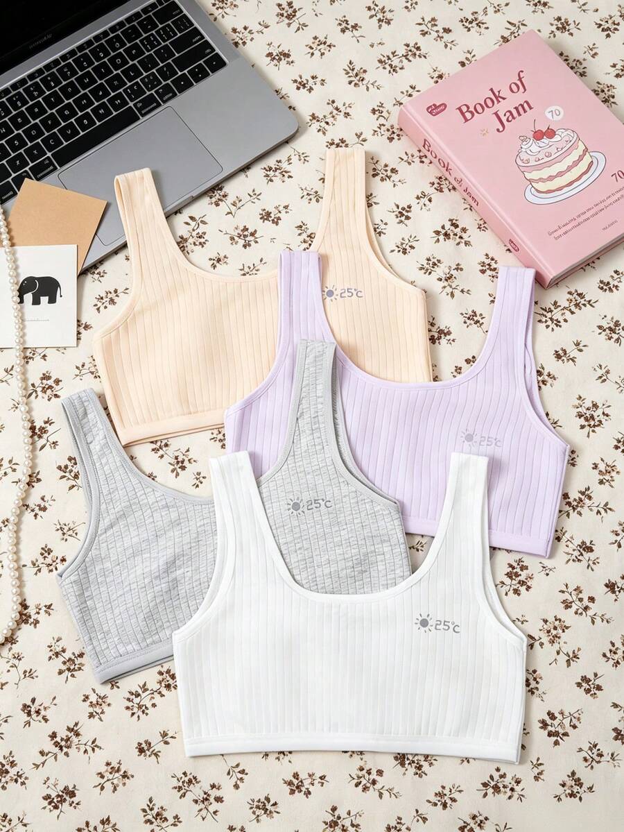 4pcs/Set Girls' Puberty Training Bras, Wireless First Stage Development Camisoles With Wide Straps, Cute Printed Everyday School Underwear, Comfortable Girls' Bralettes - Multicolor - View 1