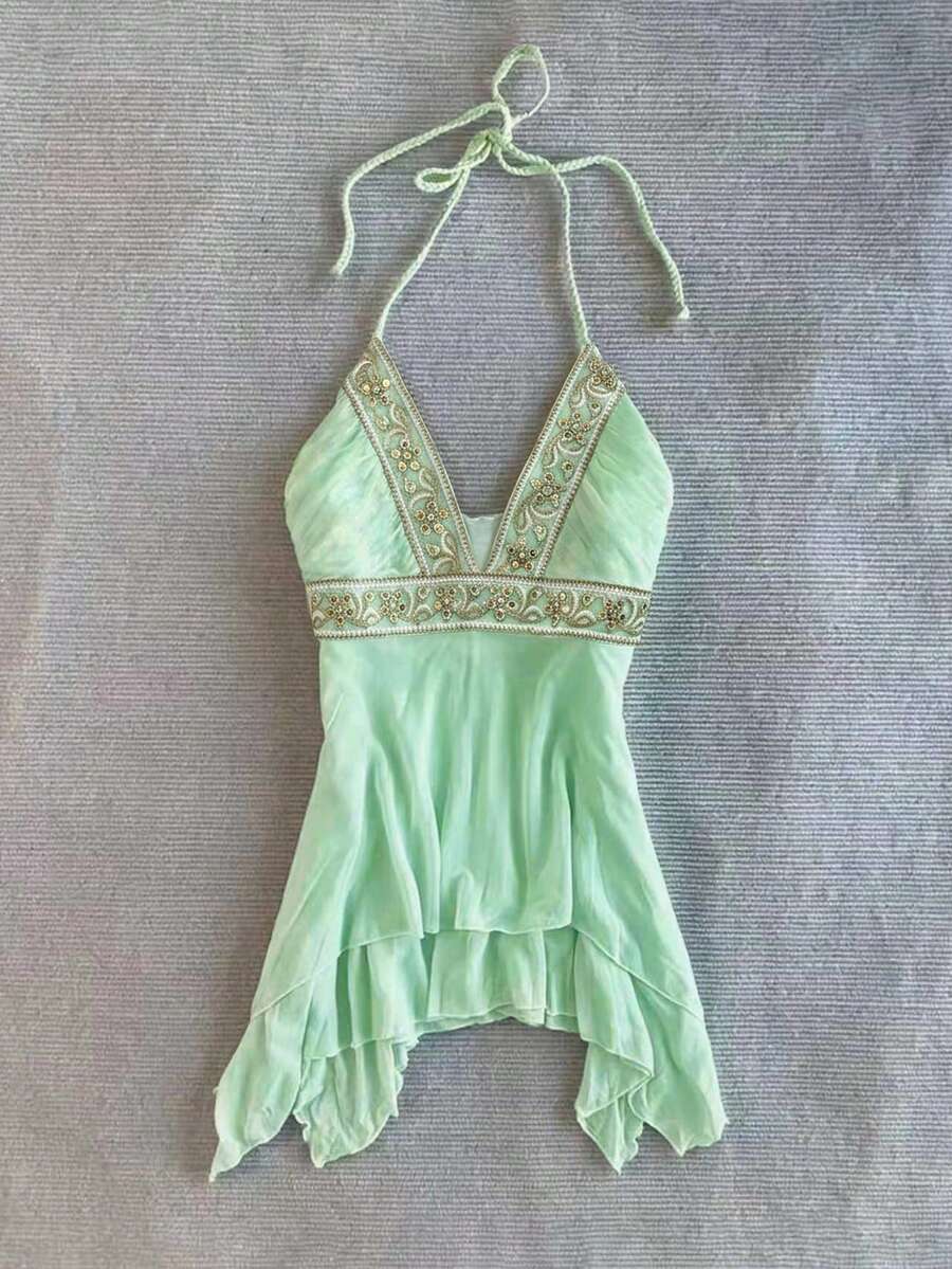 IslaSuriya Women's Asymmetric Hem Ribbon Trim Halter Neck Top - Green - View 1