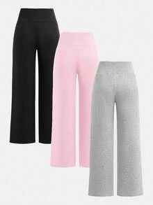 SHEIN Girlism 青少年女孩秋冬針織黑色、粉色、淺灰色高腰寬腰帶緊身直筒寬腿長褲 百搭簡約舒適街頭風 3件組 - 粉色 - 查看 2