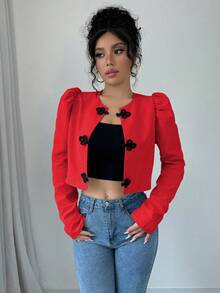 SHEIN PariChic 泡泡袖青蛙扣中式短版優雅女式襯衫 - 紅色 - 查看 7