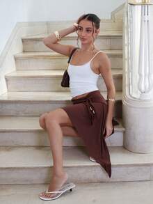 juhmazzocco Minifalda asimétrica con volantes y cintura con cordón, estilo vaquero occidental de playa casual para mujer, Y2K - Marrón - Ver 6