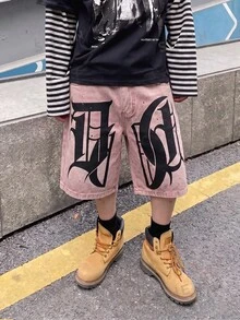 Manfinity Roghcode 男士休閒日常牛仔短褲，附口袋、鈕扣與字母圖案 - 粉色 - 查看 3