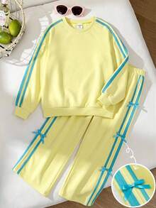 Girlism Tween Girl Bowknot Decor Colorblock Casual Daily Long Sleeve Sweatshirt - Yellow - View 3