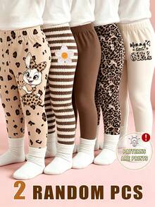 (2 Random Pcs) Baby Girl Simple Leopard Print Bow White Rabbit Funny Letter Stripe Flower Pattern Printed Basic Leggings - Multicolor - View 1