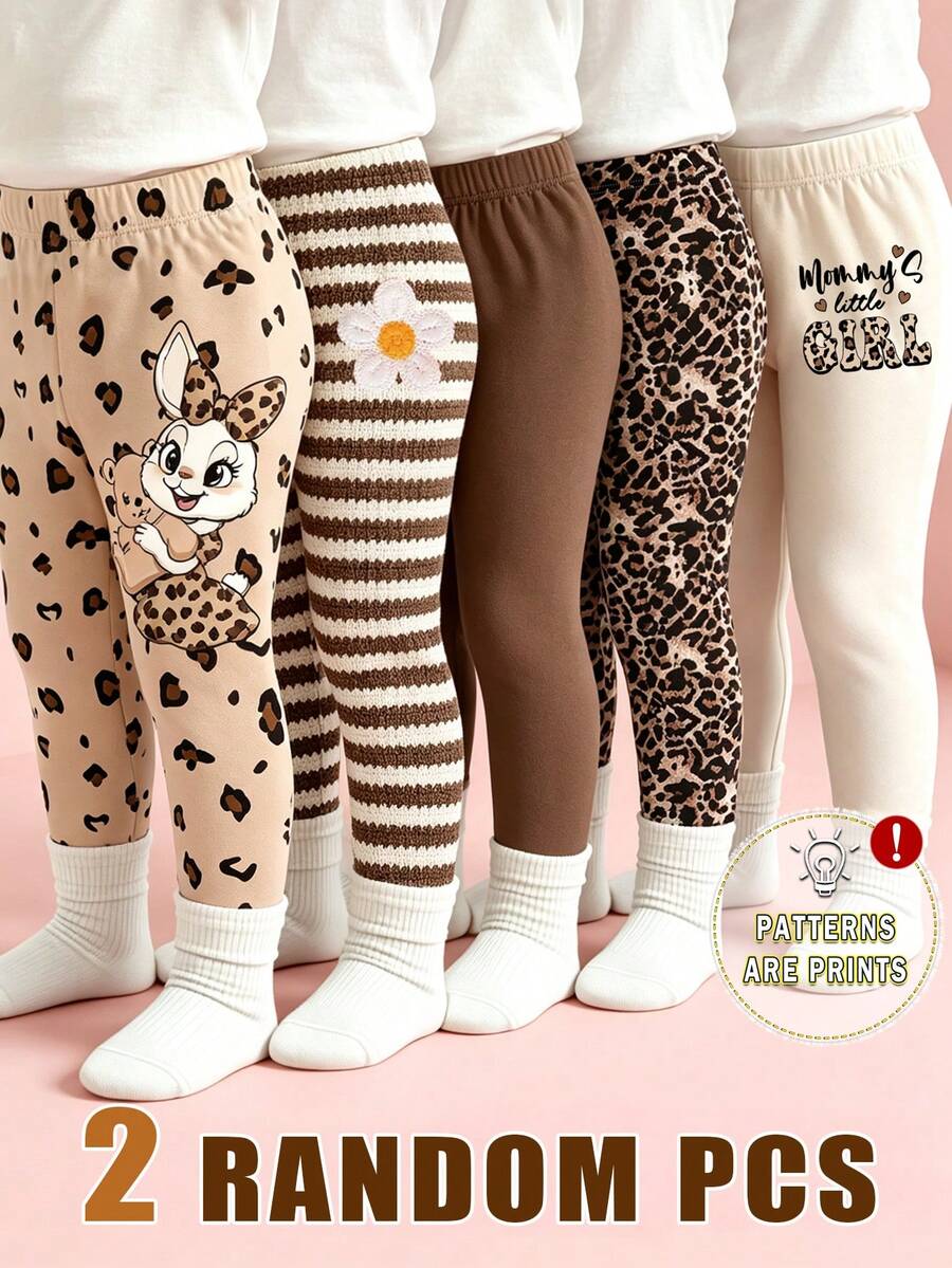 (2 Random Pcs) Baby Girl Simple Leopard Print Bow White Rabbit Funny Letter Stripe Flower Pattern Printed Basic Leggings - Multicolor - View 1