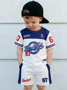 THE HAPPY LOOK 2pcs/Set Young Boy Letter Pattern Knit Soft Round Neck Short Sleeve Top And Elastic Waist Shorts - Multicolor - View 1