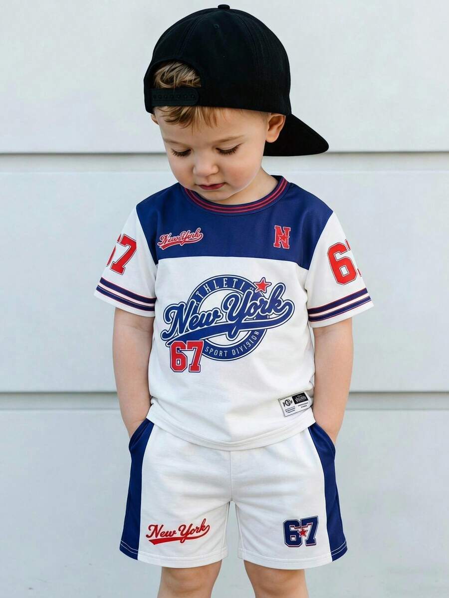 THE HAPPY LOOK 2pcs/Set Young Boy Letter Pattern Knit Soft Round Neck Short Sleeve Top And Elastic Waist Shorts - Multicolor - View 1