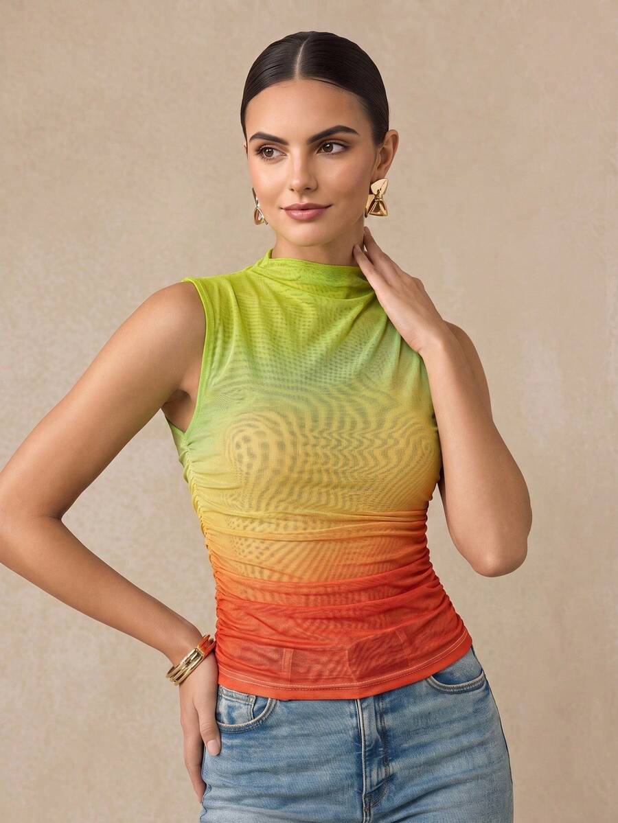 Almamuse Women's Sleeveless Fitted Ombre Ruched Summer Tank Top - Multicolor - View 1