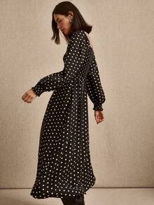 lacRébo Black Polka Dot Shirred Midi Dress, Square Neckline And Puff Long Sleeves With Shirred Cuff, Spring - Black - View 5