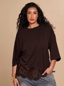 SHEIN BAE CURVE Plus Size Lace Patchwork Casual Loose T-Shirt - Brown - View 3