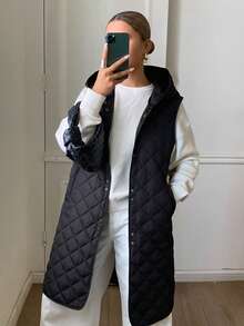DAZY Solid Color Quilted Diamond Pattern Hooded Sleeveless Long Elegant Formal Autumn/Winter Women's Padded Coat - Black - View 4