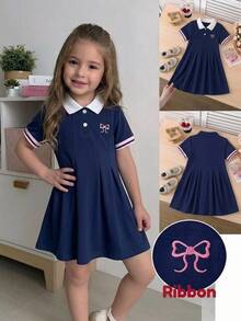 SHEIN Elladie kids 1件女童夏季百搭新款深藍色洋裝，正面粉色蝴蝶結刺繡，可愛極簡羅紋領口、羅紋袖口，百褶設計，A字公主風，適合度假與海灘 - 藏蓝色 - 查看 10