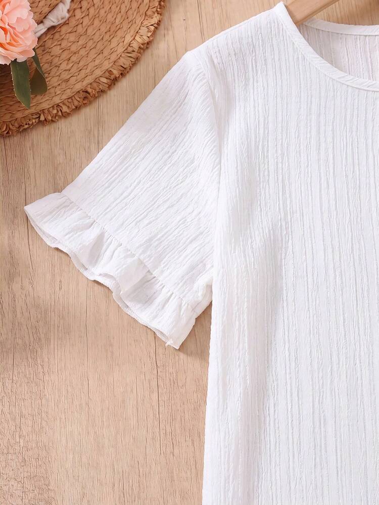 SHEIN Teen Girl Heart Pattern Round Neck Short Sleeve T-Shirt And Striped Pleated Skirt Casual Cute Daily Outfit Birthday Formal White Navy Blue Summer - Multicolor - View 4