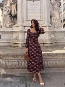 Serisse Women's Polka Dot Print Front Tie Long Sleeve Split Hem Elegant Midi Dress,Fall/Winter ,Formal ,Business ,Chic ,Back To School,Christmas,New Year , - Brown - View 3
