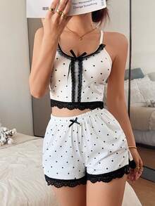 Napfluff Knitted All-Over White And Black Polka Dot Lace Patchwork Camisole Women's Pajama Set Sleep Night Summer Cute Kawaii - White - View 1