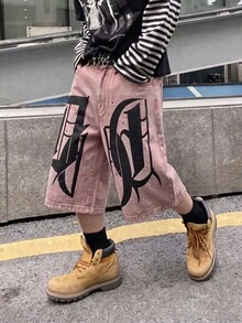 Manfinity Roghcode 男士休閒日常牛仔短褲，附口袋、鈕扣與字母圖案 - 粉色 - 查看 5