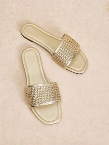 Rosivie Women's Gold Square Toe Woven Decoration Commuter Workplace Versatile Flat Sandals Comfortable And Casual One Pedal - Golden PU - View 1