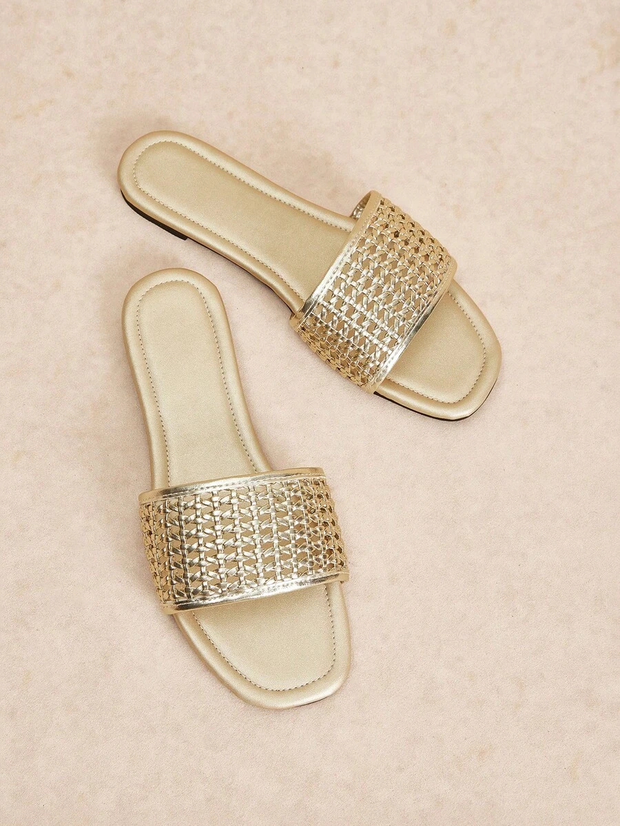 Rosivie Women's Gold Square Toe Woven Decoration Commuter Workplace Versatile Flat Sandals Comfortable And Casual One Pedal - Golden PU - View 1