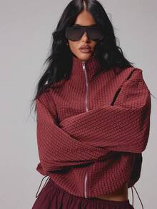 MISSGUIDED Bộ phối áo khoác lửng dệt vân waffle kéo khóa toàn thân và quần ống rộng cho mùa thu đông - Màu Đỏ Sâu - Xem 1