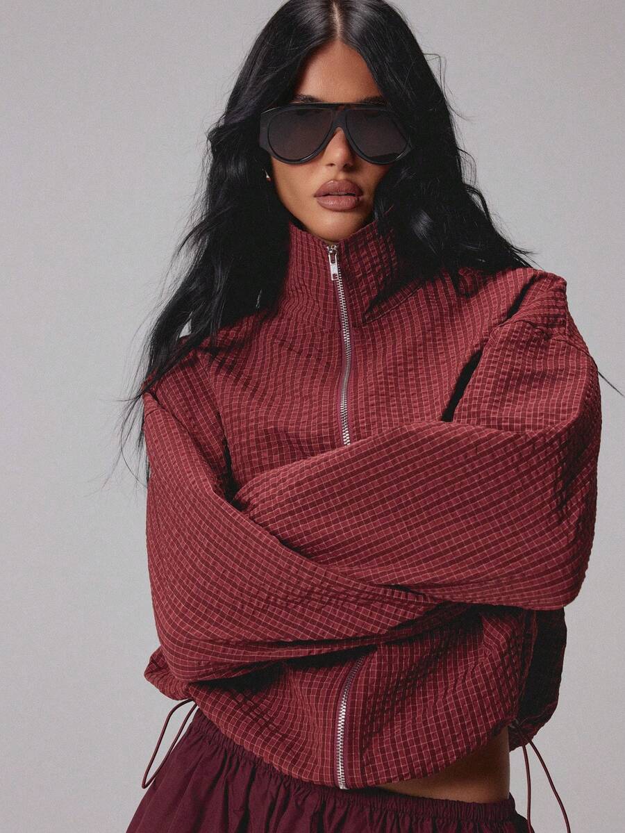 MISSGUIDED Bộ phối áo khoác lửng dệt vân waffle kéo khóa toàn thân và quần ống rộng cho mùa thu đông - Màu Đỏ Sâu - Xem 1