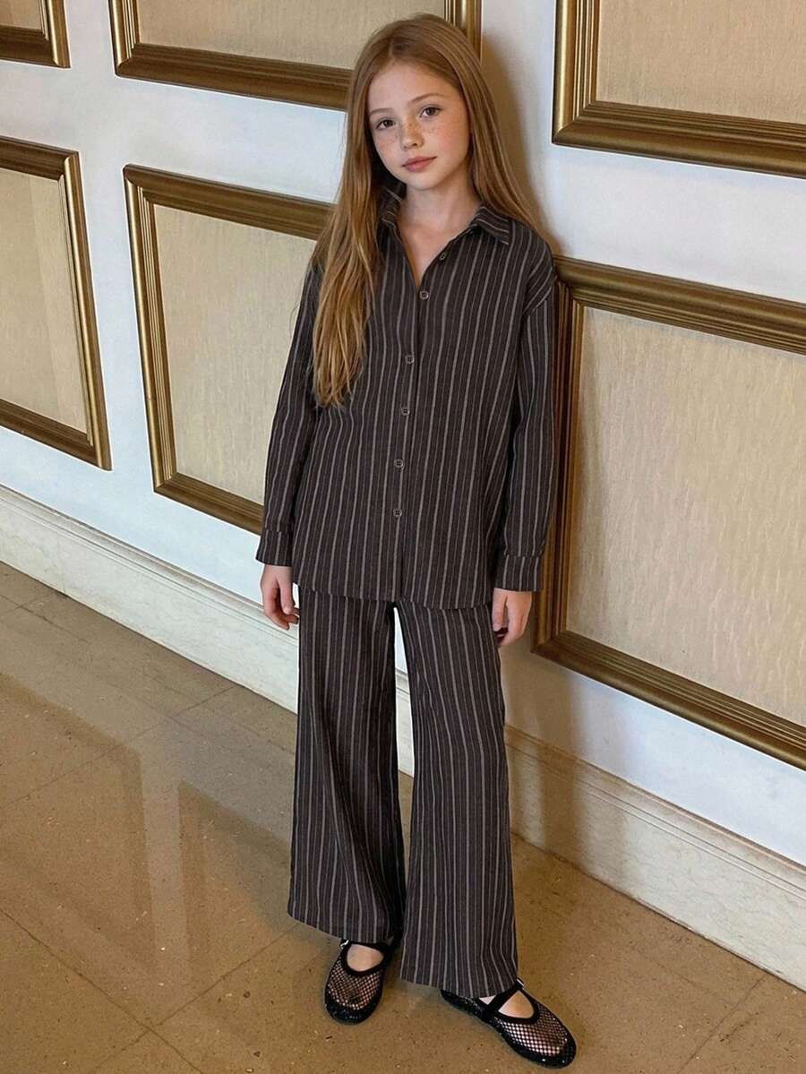 DAZY 青少年女孩條紋長袖單排扣襯衫與長褲休閒套裝 - 棕色 - 查看 1