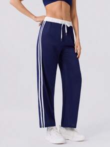 Loungeista Women's Spring/Summer Contrast Color Patchwork Drawstring Straight Leg Pants, Casual Homewear Sports Minimalist Classic Suitable For Outdoor Wear - Multicolor - View 5
