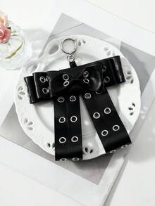 ROMWE Goth 1件裝 龐克哥德風黑色亮面皮革金屬孔眼多層複雜手工蝴蝶結DIY鑰匙圈包包吊飾，女孩配戴節日禮物 - 黑色-36 - 查看 4