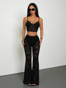 SHEIN PETITE 女款春季性感復古蕾絲內襯喇叭褲 喇叭緊身褲 小碼女款 - 黑色 - 查看 8