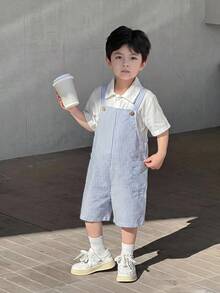 SHEIN Little Byeori 两件套儿童男童秋冬套装，背带连体裤，可爱小熊刺绣黑白条纹背带裤连体衣，舒适百搭时尚休闲基础款，适合室内、室外、滑雪、日常穿着、运动、玩耍、派对、节日、万圣节、圣诞节、新年等场合。 - 黑與白 - 查看 1