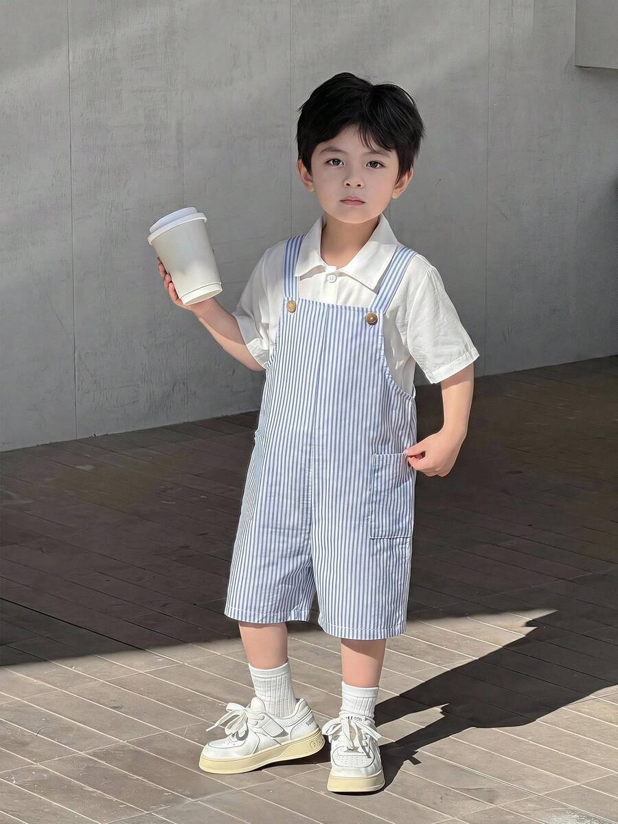 SHEIN Little Byeori 两件套儿童男童秋冬套装,背带连体裤,可爱小熊刺绣黑白条纹背带裤连体衣,舒适百搭时尚休闲基础款,适合室内、室外、滑雪、日常穿着、运动、玩耍、派对、节日、万圣节、圣诞节、新年等场合。 - 黑與白 - 查看 1