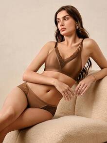 Hourtrue Women's 2pcs Lace Patchwork Lingerie Set - Coffee Brown - View 3
