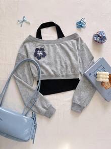 SHEIN MOD 女款時尚花卉印花假兩件式不對稱領口掛脖衛衣 - 彩色 - 查看 4